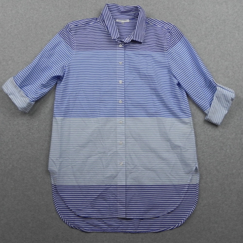 Calvin Klein Shirt Top Womens Small Tunic Button Up Blue Roll-Tab Long Sleeve